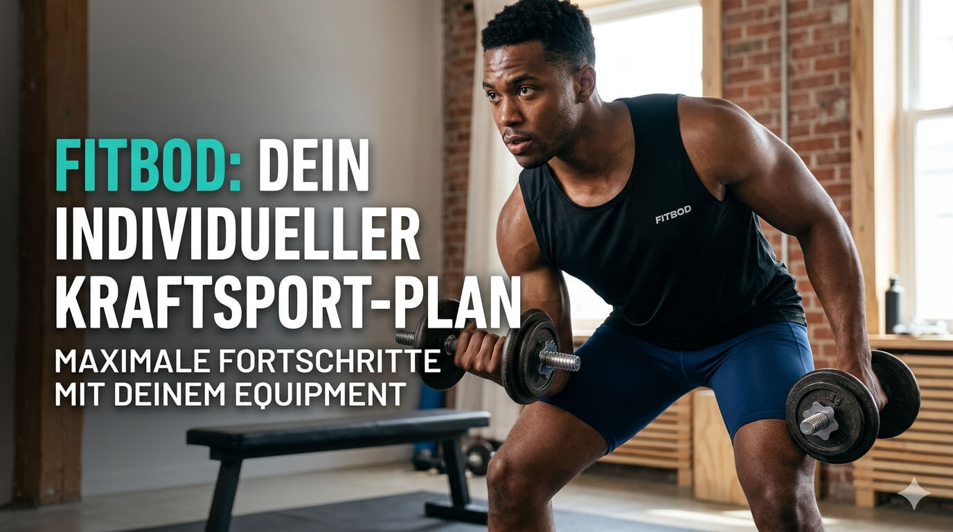 Ein muskulöser Mann trainiert fokussiert mit zwei Kurzhanteln in einem modernen Home-Gym. Text-Overlay: „FITBOD: DEIN INDIVIDUELLER KRAFTSPORT-PLAN“ und „MAXIMALE FORTSCHRITTE MIT DEINEM EQUIPMENT“.