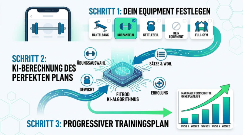 Infografik zur Fitbod KI-Funktionsweise: Schritt 1: Equipment festlegen (z.B. Kurzhanteln), Schritt 2: KI-Berechnung des perfekten Plans (Übungsauswahl, Sätze & Gewichte, Regeneration), Schritt 3: Progressiver Trainingsplan für maximale Fortschritte ohne Plateaus.