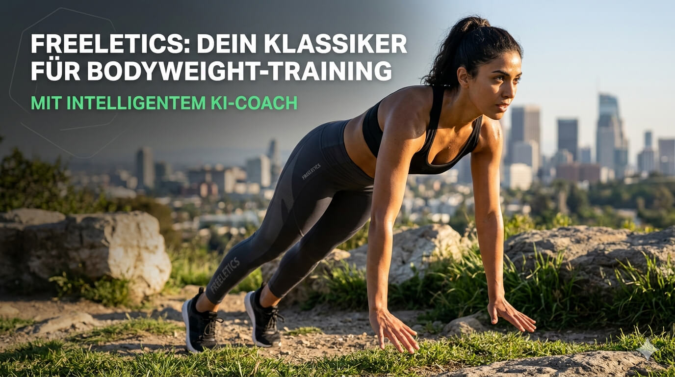 Eine sportliche Frau trainiert Freeletics (Bodyweight-Übungen) im Freien auf einem Felsen vor einer städtischen Skyline bei Sonnenuntergang. Im Text steht: „Freeletics: Dein Klassiker für Bodyweight-Training mit intelligentem KI-Coach“.